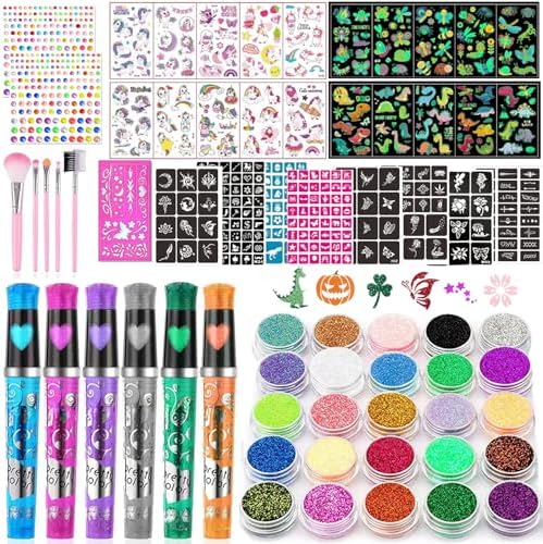 Kit Tatuaggi Temporanei Glitter TEUVO | 25 Colori + 225 Stencil | Per Bambini | Compleanno E Halloween