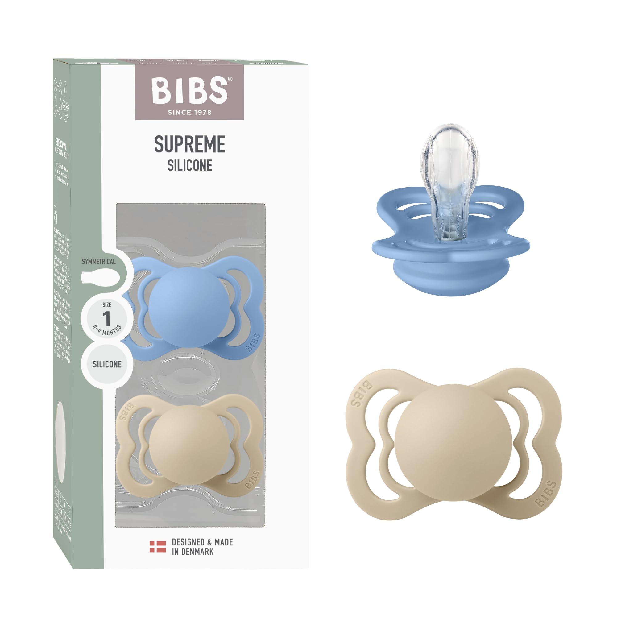 BIBS Supreme Schnuller, 0-6 Monate, 2er-Pack, Vanilla/Sky Blue