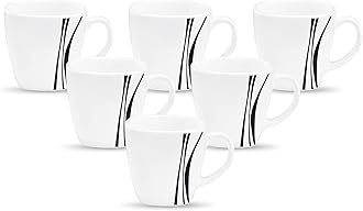 La Opala Diva, Quadra Collection, Opal Glass Coffee Mug Set 6 Pcs, Midnight Black, White, Standard - 190 Ml