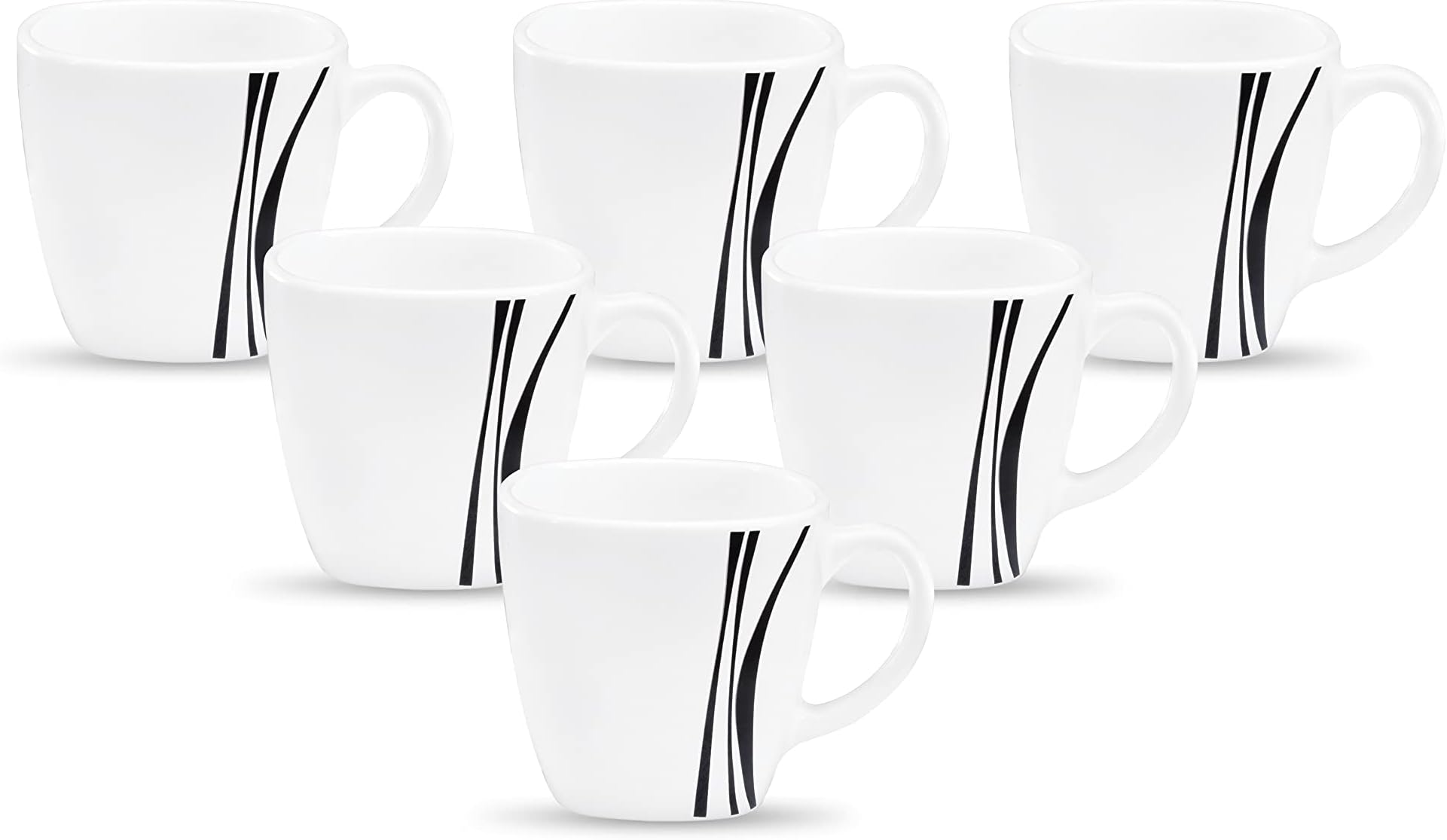 La Opala Diva, Quadra Collection, Opal Glass Coffee Mug Set 6 Pcs, Midnight Black, White, Standard - 190 Ml