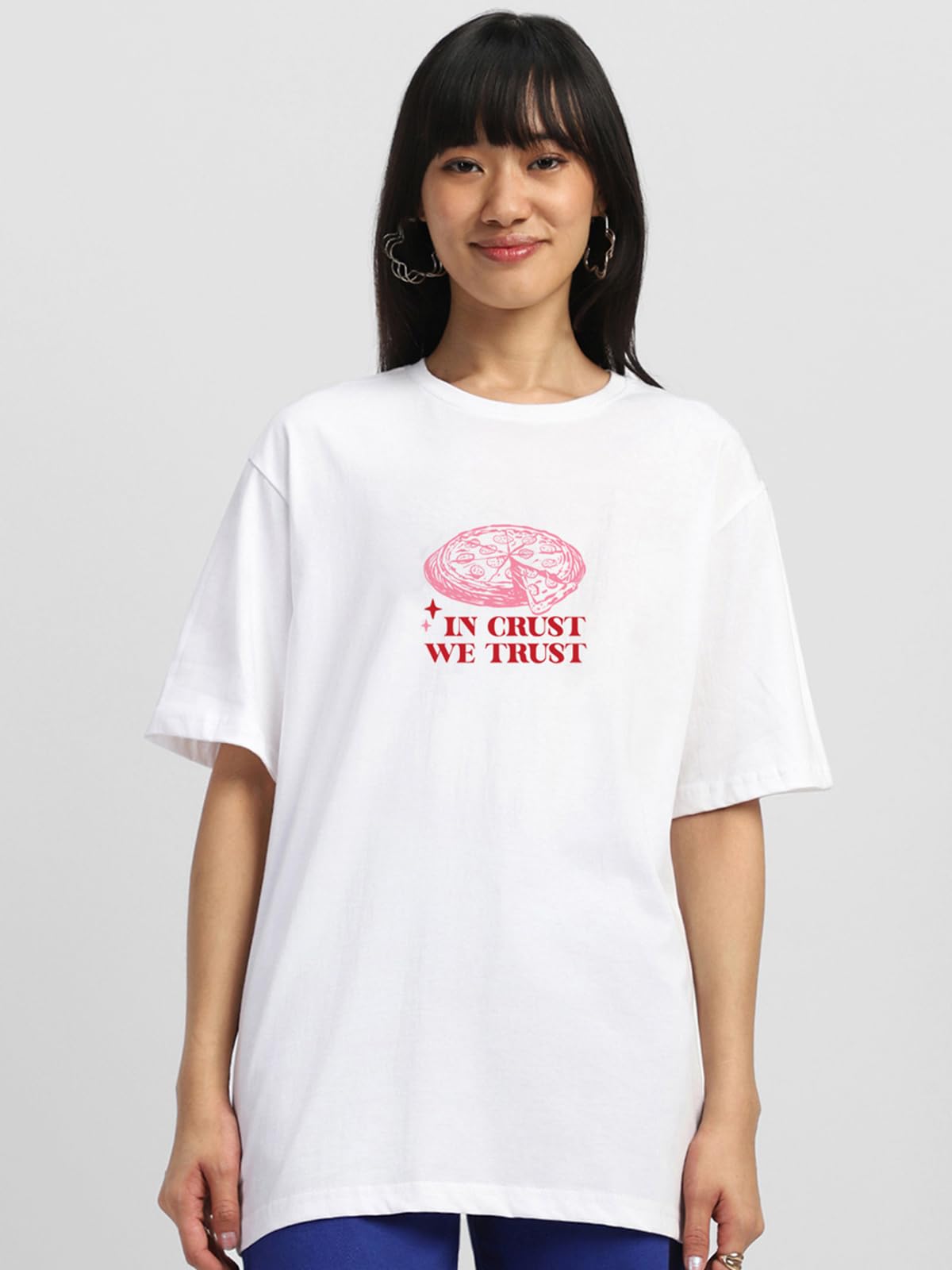 JUNEBERRY Camiseta de algodón 100 % puro de gran tamaño, ajuste holgado frontal y trasero, con estampado gráfico de Slice Society en blanco y negro, cuello redondo, para mujeres y niñas (tallas: S a