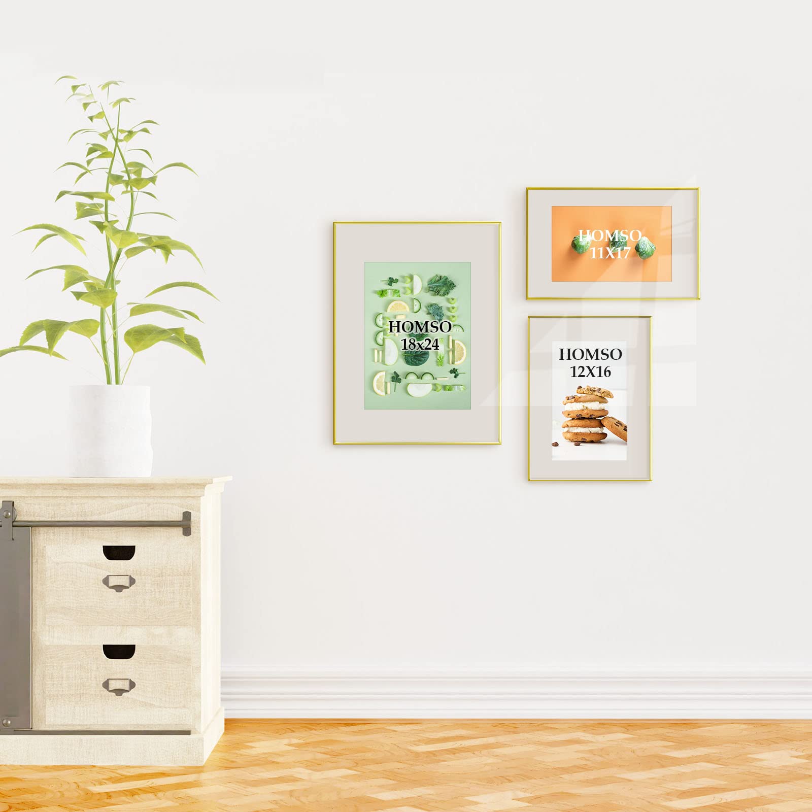 Homso Gold Poster Frames Set For 18x24 11X17 12X16 size, Aluminum Picture Frames with Polishing Acrylic and Thin Metal Edge for Wall Mounting - 3 Pack