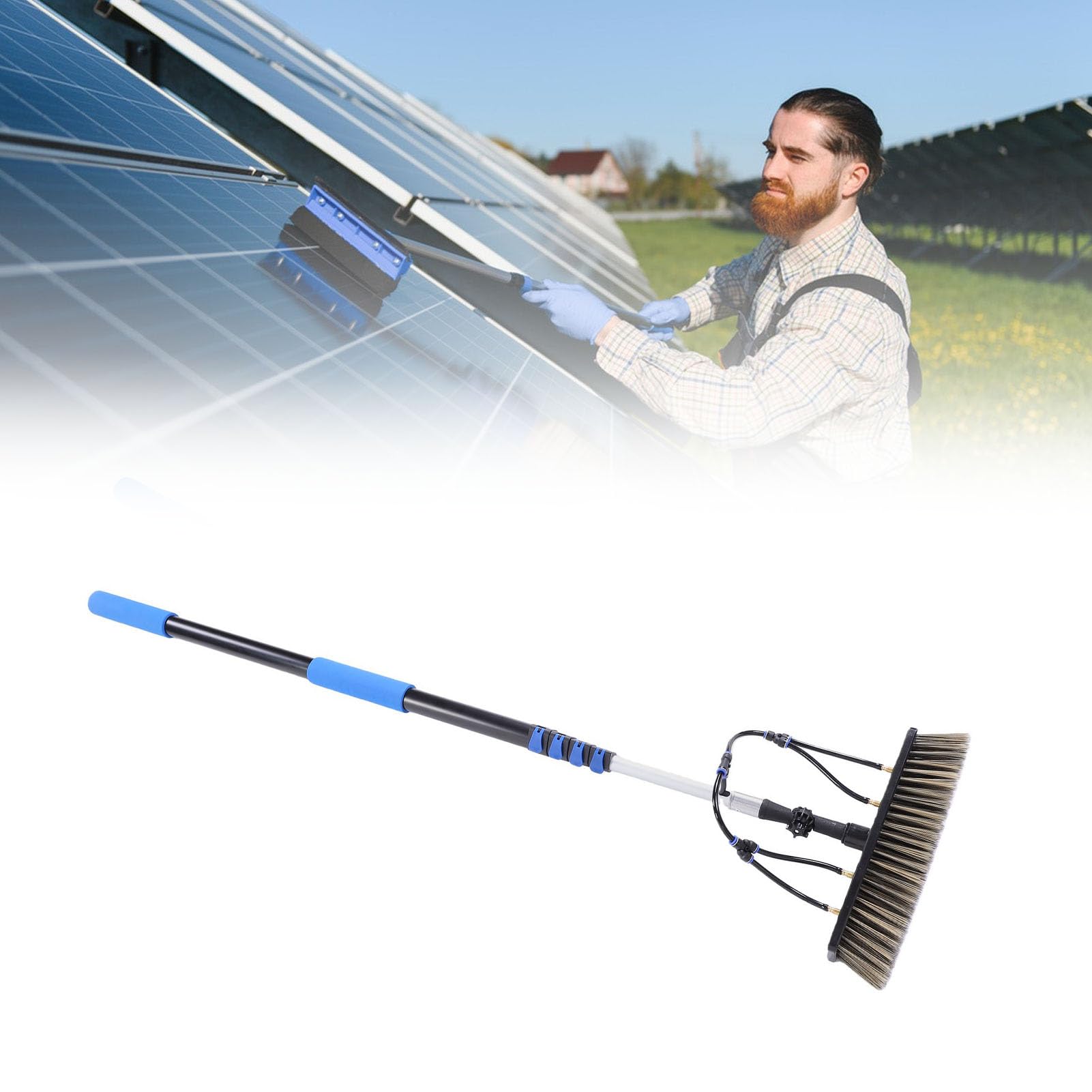 Cepillo de Limpieza de Paneles Solares, Poste Retráctil de 12 Pies con Dispensador de, Cabezal de Cepillo de 13,8 Pulgadas para Ventanas, Canalones, Paredes Exteriores