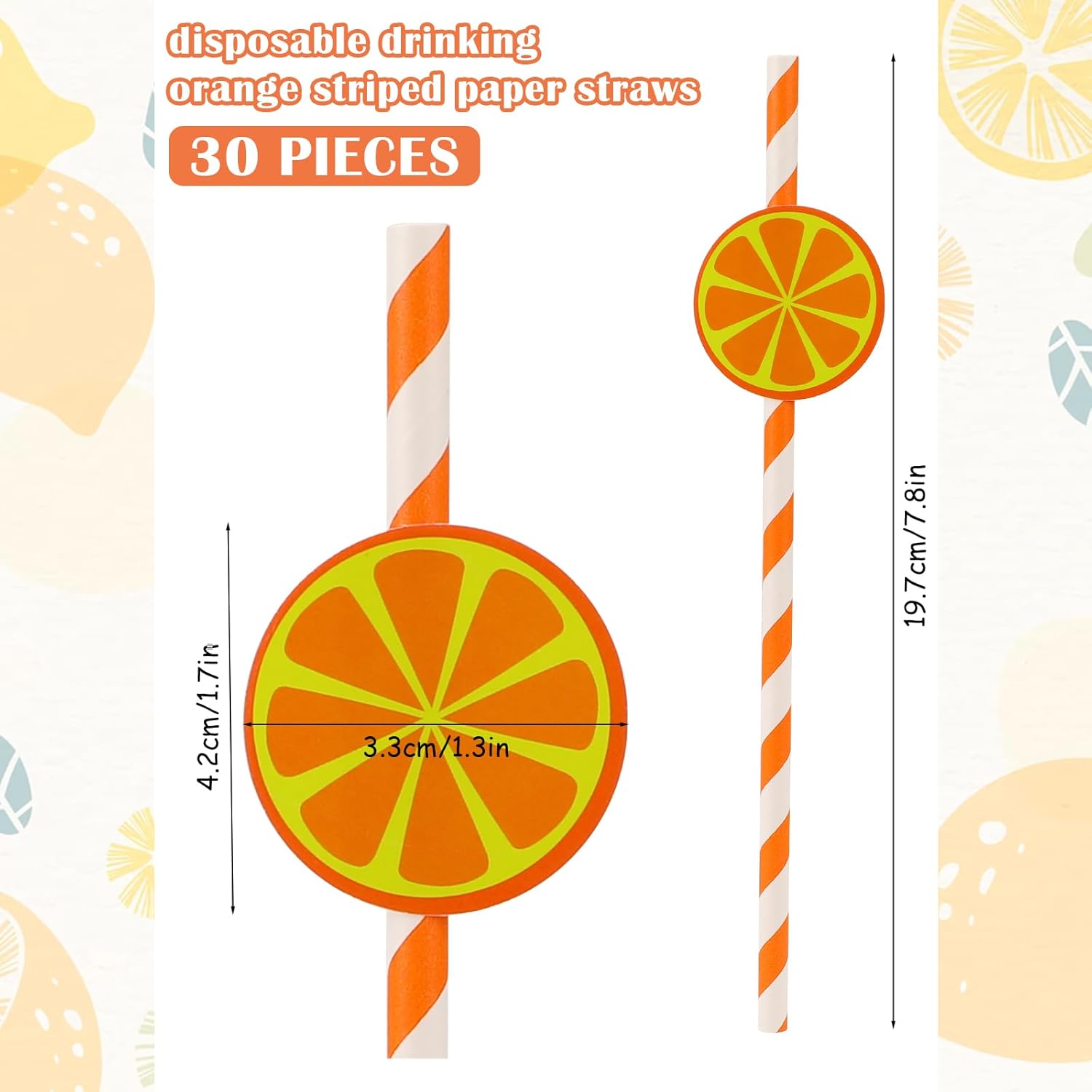 Disposable Lemon Straws, Cute Oange Striped Patterned Drinking Straws Paper Straw for Cocktail, Milkshake, Coffee, Lemonade Stand Supplies Lemon Themed Party Supplies - Set of 30 - Image 3