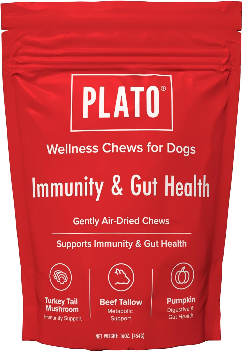 PLATO Pet Treats Air-Dried Wellness Chews for Dogs – Functional Dog Chews – Supports Immunity & Gut Health – Turkey Tail Mushroom, Pumpkin & Beef Tallow Recipe 16oz