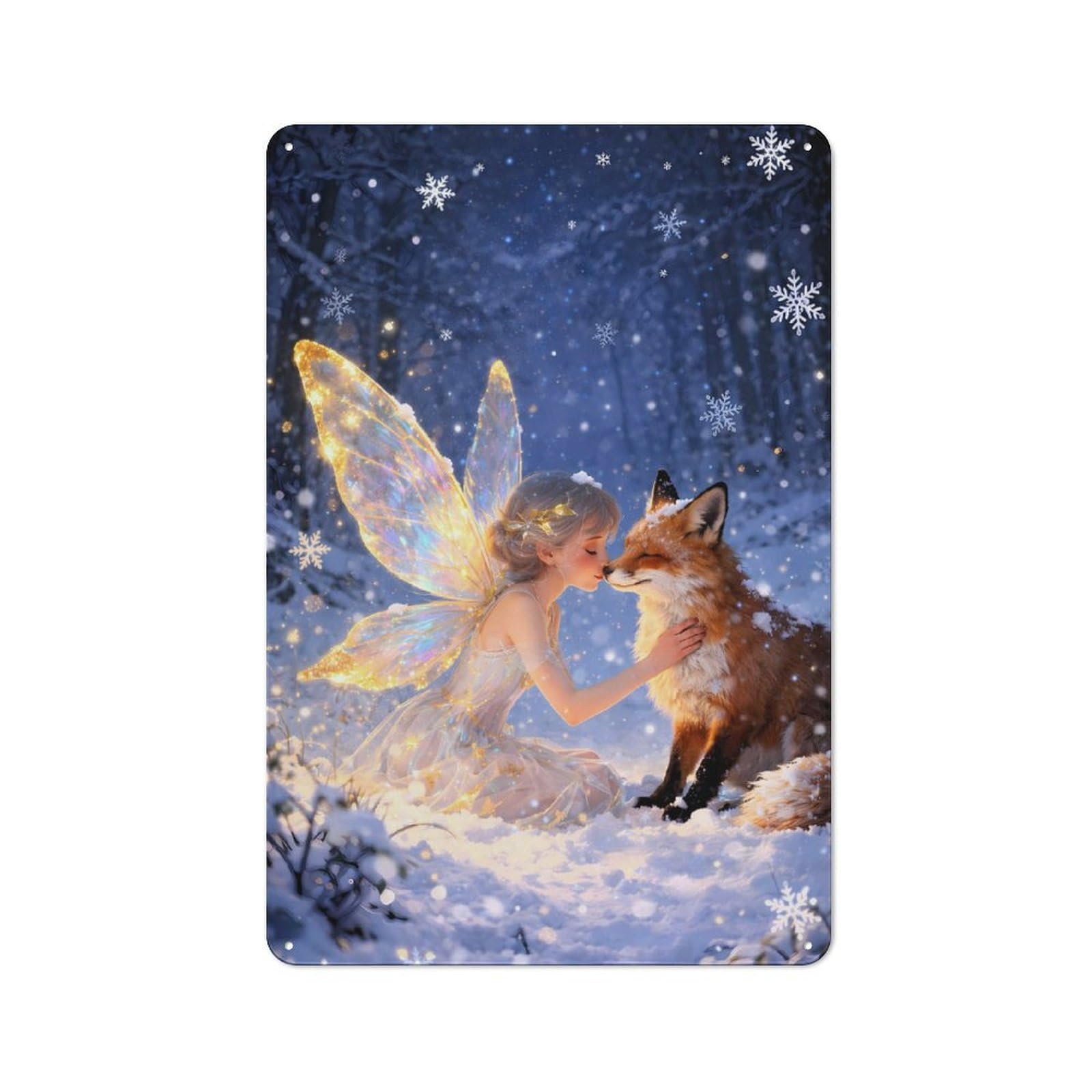 Junmoney Style-18 Workshop Style Garage Metal Sign 30X20cm Featuring Winter Fairy With Fox In Snowy Forest, Industrial Wall Art For Garage, Hobby Room, Office Or Man Cave