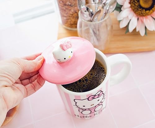 Miniatura 6 de Toynk Sanrio Hello Kitty - Taza de cerámica con tapa con diseño de rayas rosadas, taza de café grande para té, expreso, cacao, capacidad para 18