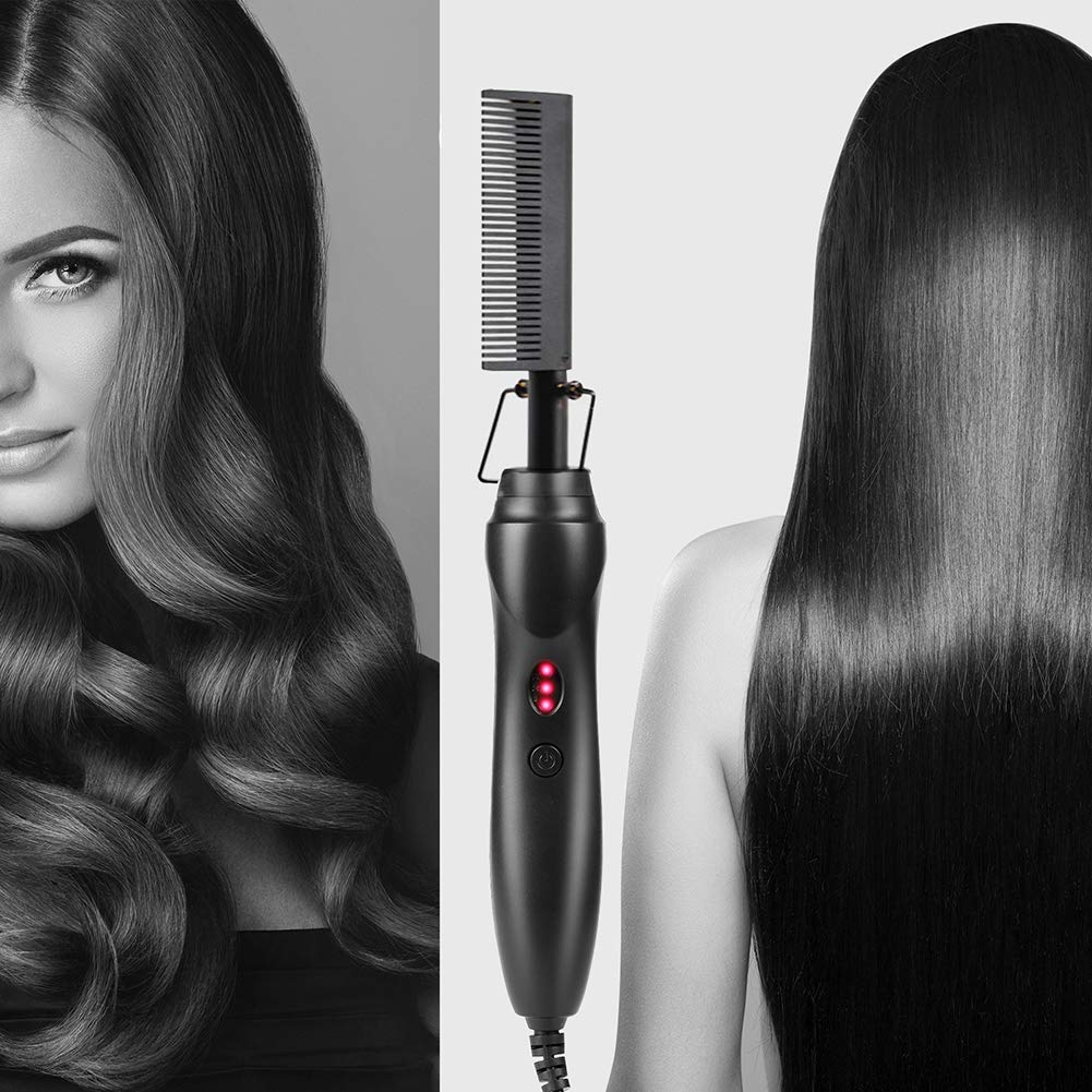 Hot Comb Ceramic Hair Straightener,Electric Hair Straightening Comb Curling Iron for African American Hair and Wigs,Electric Heat Pressing Comb for Wet Dry Hair and Men Long Beard