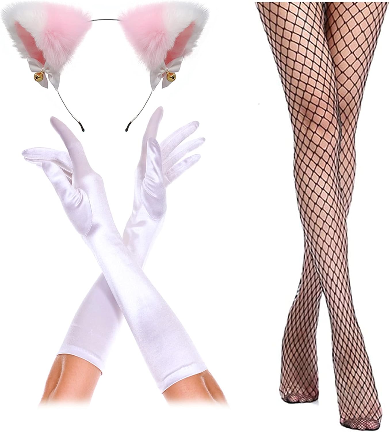 Yuriko Womens Bunny Costume Girl Suit Button Crotch Romper Onesie Bodysuit Cosplay Costume Furry Cat Ear Gloves Socks set(Pink M)
