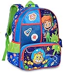 Mochila Infantil Espacial, 40x30x14 cm, Azul com Verde, Design de Gato e Astronauta, Compartimento para Celular