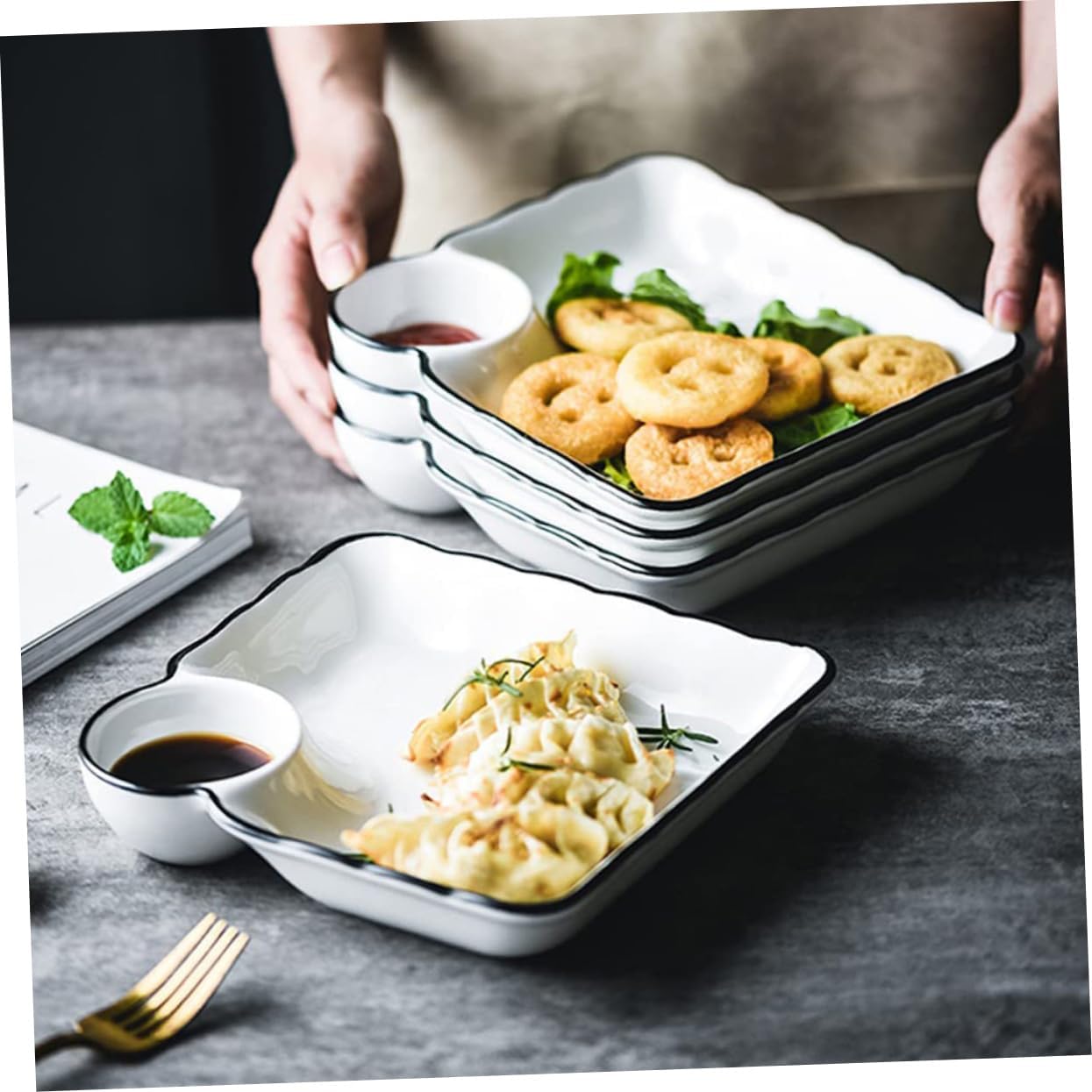 Mobestech 2Pcs Ceramic Sushi Plates with Dip Bowls Japanese Dumpling Dish Compact Lightweight Food Grade Appetizer Serving Platter for Sushi and Snacks