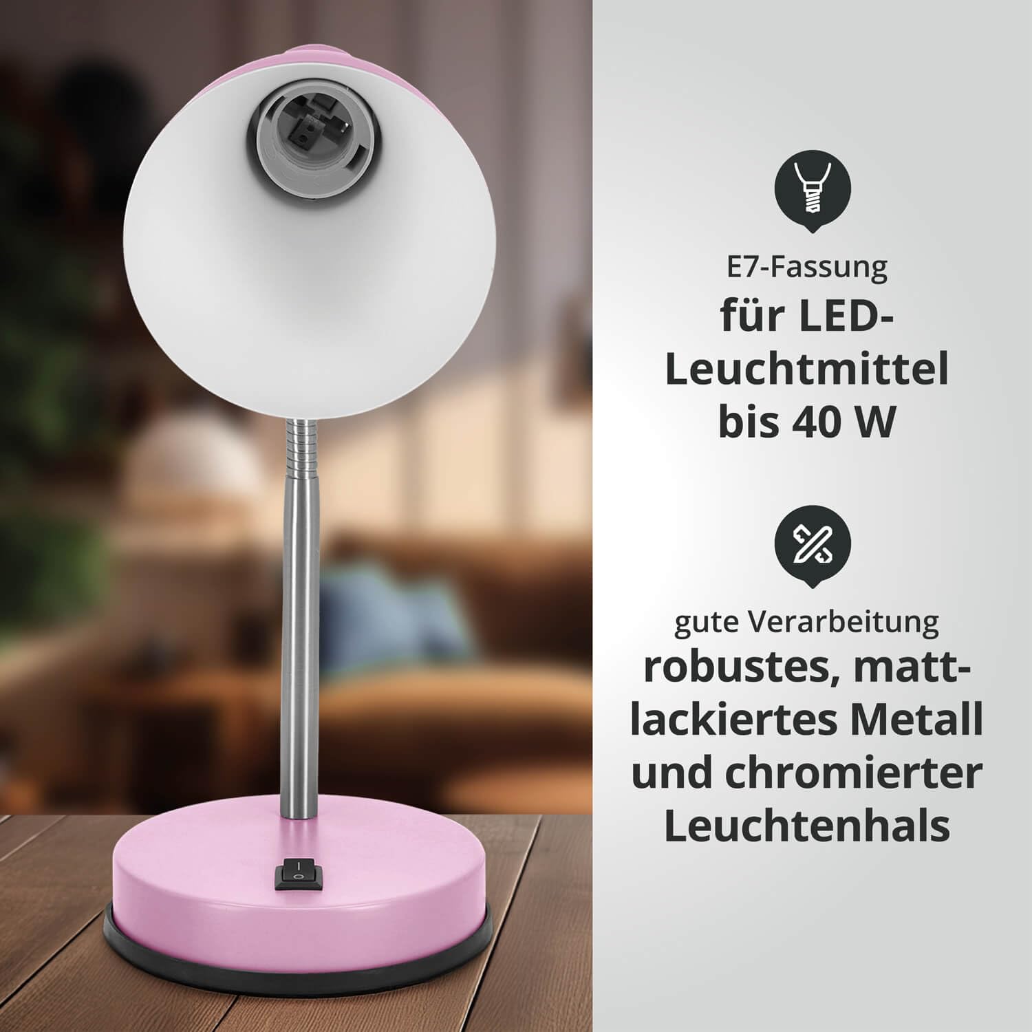 LED Universum Lampa stołowa jaśmin do LED E27 źródło światła maks. 40 W (nie wchodzi w zakres dostawy) lampka do czytania lampa do pokoju dziecięcego, lampa biurkowa metalowa, 1,5 m kabel