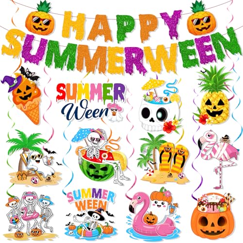 Summerween Decorations Colorful Summer Ween Party Decorations with Happy Summerween Banner and Hawaiian Spooky Hanging Swirls for Tropical Beach Pool Halloween Party Supplies