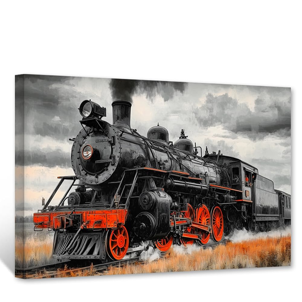CCWACPP Vintage Train Canvas Wall Art Steam Train Pictures Vintage Railway Posters Rustic Country Scenery Living Room Office Bedroom Decor Framed (50.00 x 75.00 cms)
