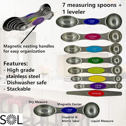 Miniatura 2 de SOL - Juego de utensilios de cocina de acero inoxidable, cucharas medidoras magnéticas, juego de 7 piezas con cucharas medidoras de doble cara y
