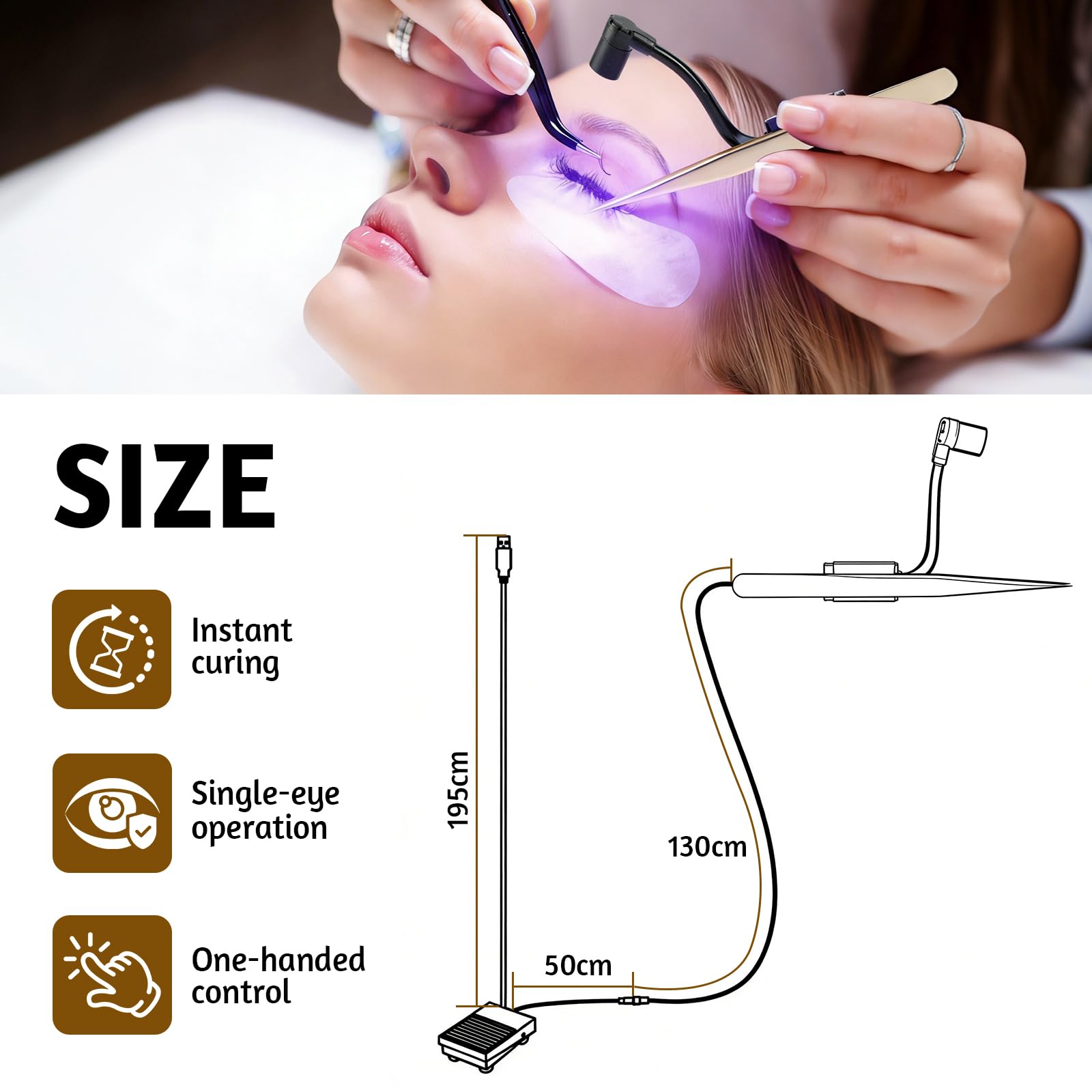 Lampe Extension de Cils, 2W Lampe Cils UV, Lampe de Maquillage avec Pédale, Pince et Col de Cygne, Temps de Polymérisation 1-3 Secondes, Taille du Spot Réglable