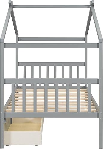 Miniatura 7 de Cama de casa de tamaño individual con 2 cajones de almacenamiento de madera para niños, marco de cama Montessori, casa de juegos de madera, tienda