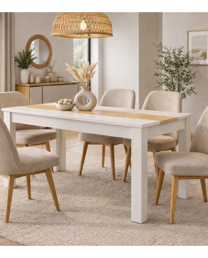 Home Heavenly®Mesa Comedor, Mesa Fija, Modelo Mirko, Acabado con Tablero en Dos Colores: 140 cm (Largo) x 90 cm (Ancho) x 78 cm (Alto) Blanco Oak Golden
