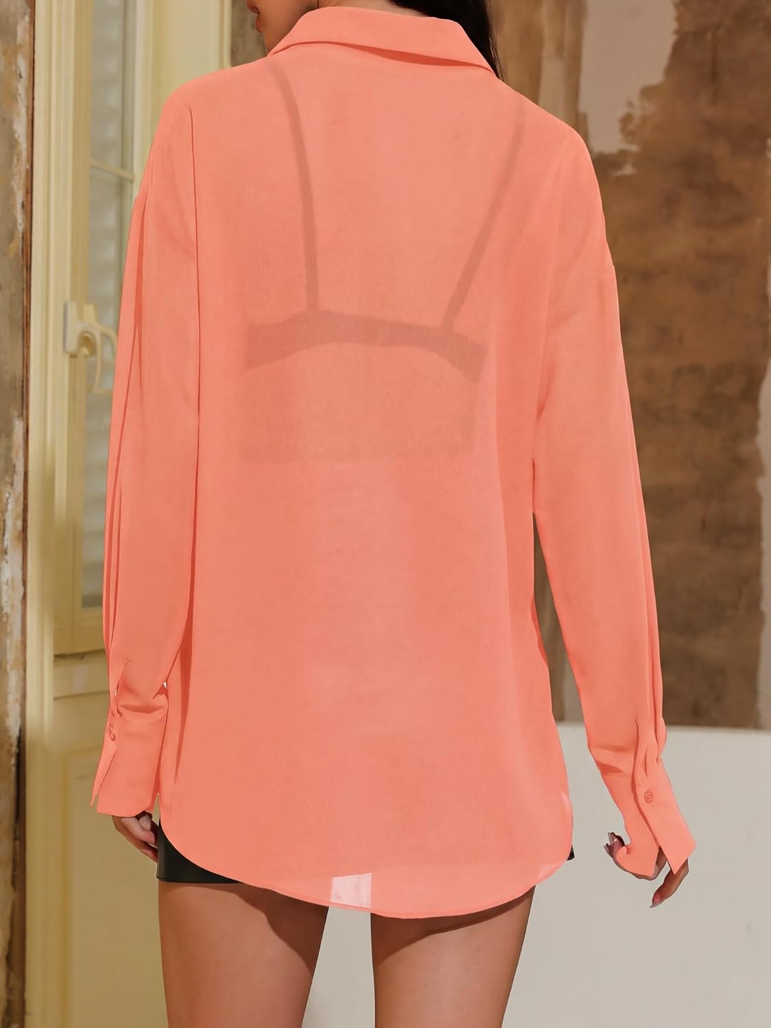 Prettywear Women Sheer Long Sleeve Tops See Through Mesh Oversized Blouses Sexy Going Out Button Down Shirts