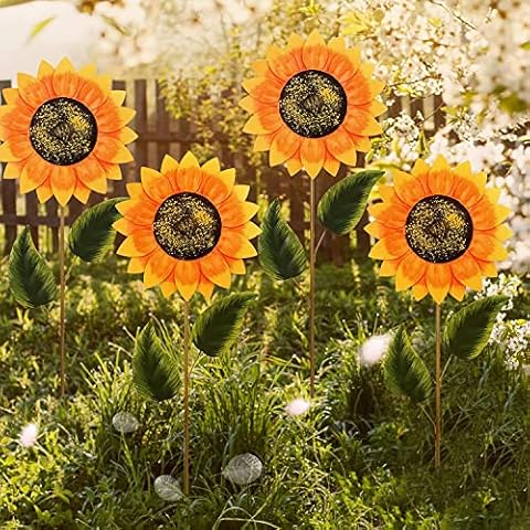 Pack of 4 Garden Sunflower Wind Spinner, Wind Kinetic Outdoor Yard Art Decorations Stake 31.5 Inch Stainless Steel Sunflower Vertical Metal Wind Spinner Ornaments for Garden, Lawn and Outdoor Cover