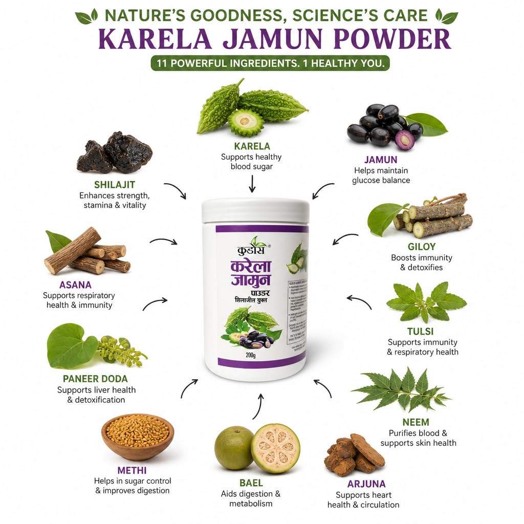 Kudos Karela Jamun Powder | Diabetes powder Ayurvedic | Controls blood and glucose level | 200gm 2