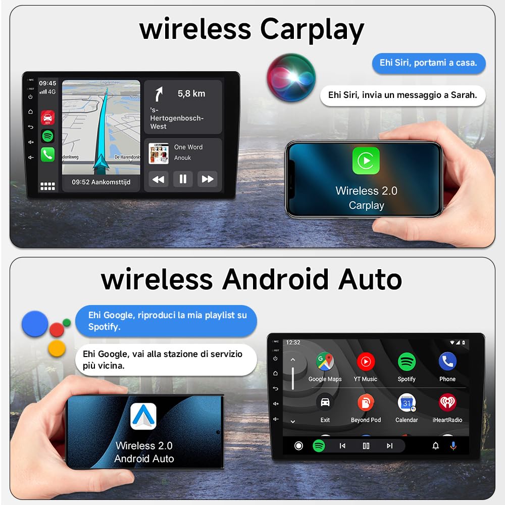 Autoradio per Fiat 500 2007-2015 Android 15 4+64GB - Schermo 9" 1280x800 con Wireless CarPlay Android Auto - GPS Navigatore, Bluetooth 5.4, WiFi 6.0, DSP, Touchscreen