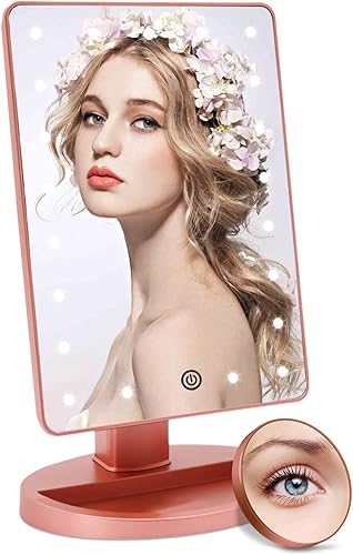 Espejo de maquillaje iluminado con 21 luces LED, con pantalla táctil atenuante y 10 aumentos de claridad, extraíble, con doble fuente de Oro rosa