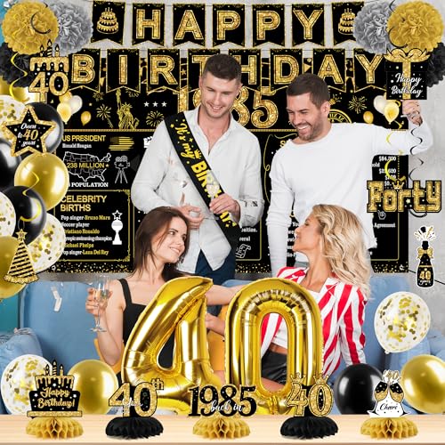 Image of 18 /30 /40 /50 /60 /70 /80th Happy Birthday Banner, 39 Pcs 40th Birthday Decorations, Large 1985 Theme Birthday Backdrop Black Gold Honeycomb Centerpieces, Number Balloon Swirls and Pompoms