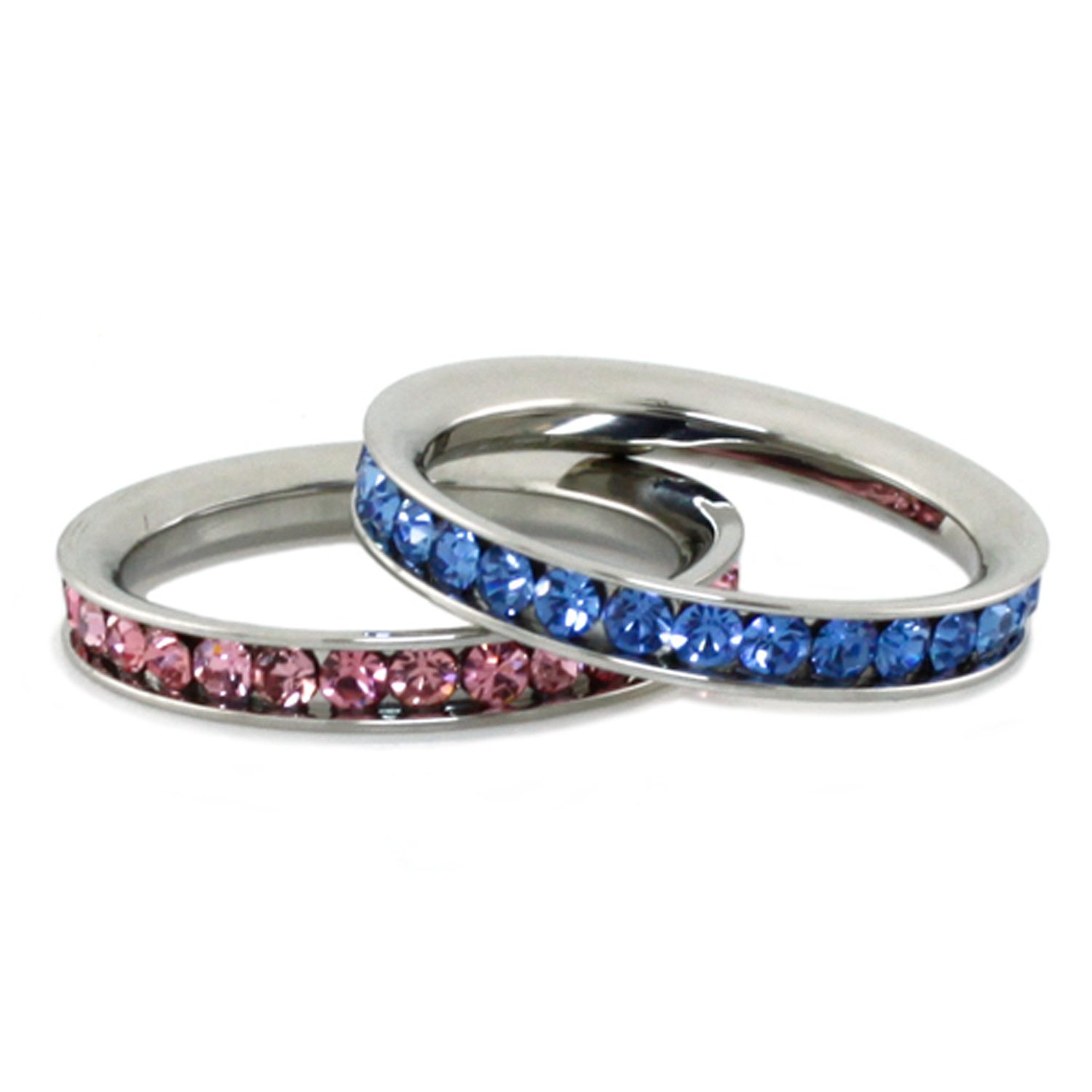 TioneerFree Personalized Engraving Stainless Steel Eternity 3mm Blue Sapphire & Rosaline Color Crystal Stackable Rings (2 pieces) Set