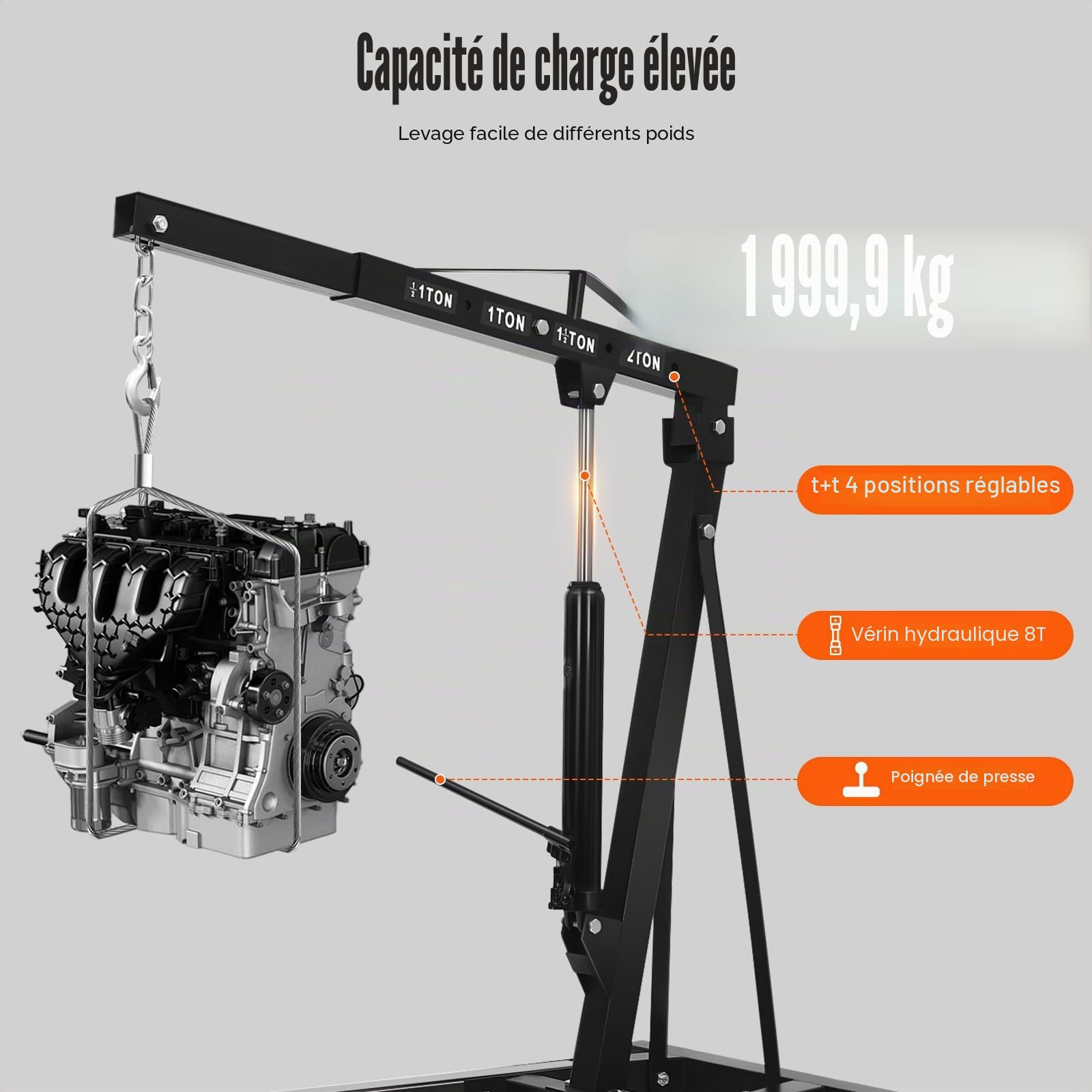 Grue de levage 2T pliable, grue d'atelier avec roues, cric hydraulique jusqu'à 2,1 m de hauteur de levage, élévateur de charges en acier pour garage et atelier (Noir)