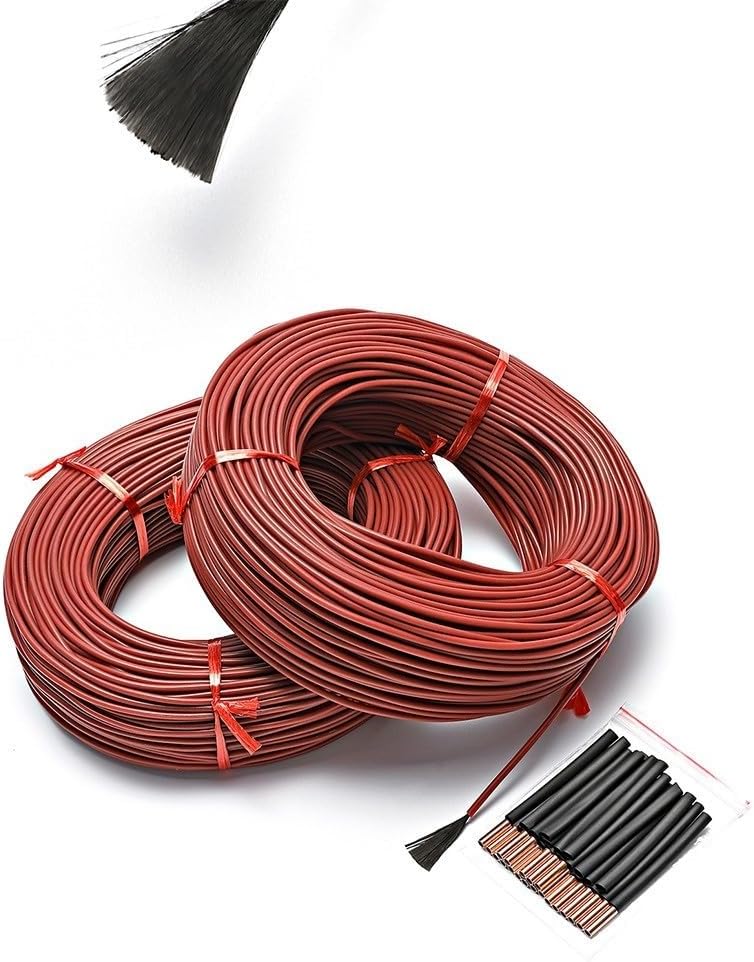 Carbon Fiber Heating Cable 12K 33 Ohm/m Silicone Insulated Wire 200C Max Temp Red Electric Floor Heating Element Kit with Connectors and Sleeves(100 m)