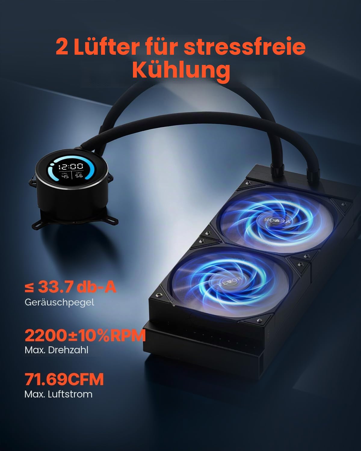 VEVOR Flüssigkeitskühler, AIO-CPU-Wasserkühler, 120-mm-PWN-Lüfter, 4,6 cm Display, max. 2200 U/min CPU-Kühlerlüfter, PC-Wasserkühlung für Intel 115X/1366/2011/1700/1200, AMD AM4/AM5