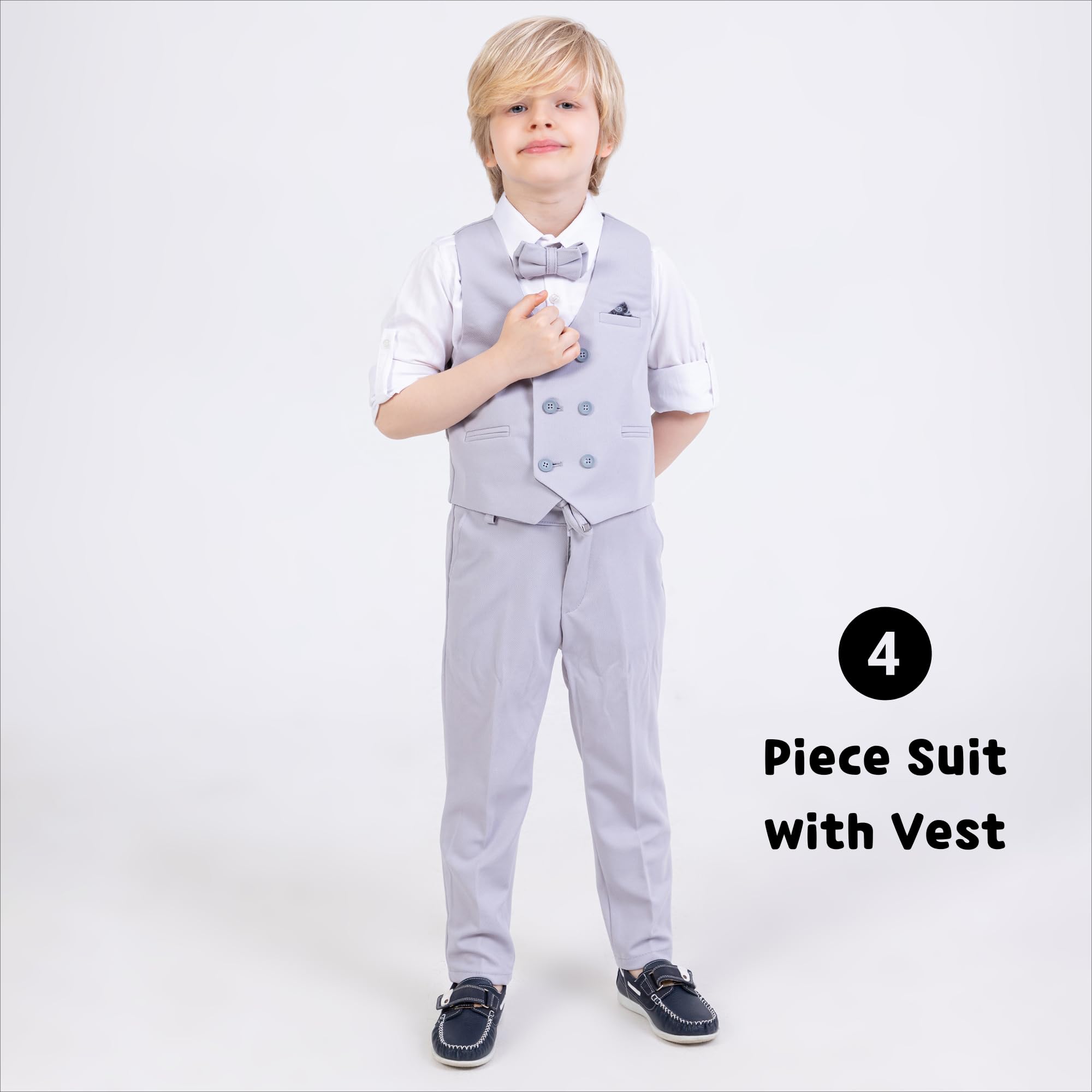 Gilet per ragazzi | Set di 4 pezzi camicia, pantaloni, gilet e papillon | Abbigliamento formale e per feste per ragazzi di età compresa tra 1 e 13 anni