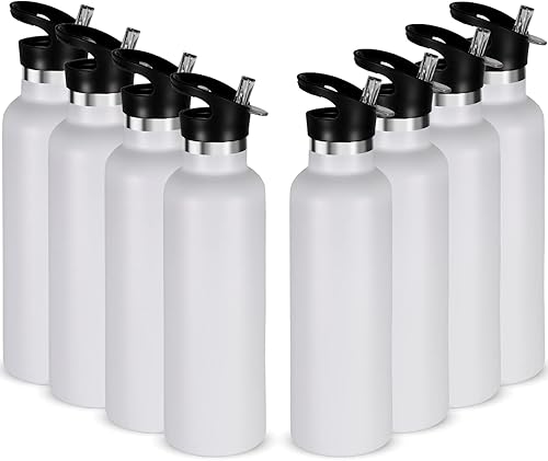 Neihepal Botellas de agua aisladas de 24 onzas a granel, paquete de 8 botellas deportivas de doble pared de acero inoxidable con tapa con pajilla,