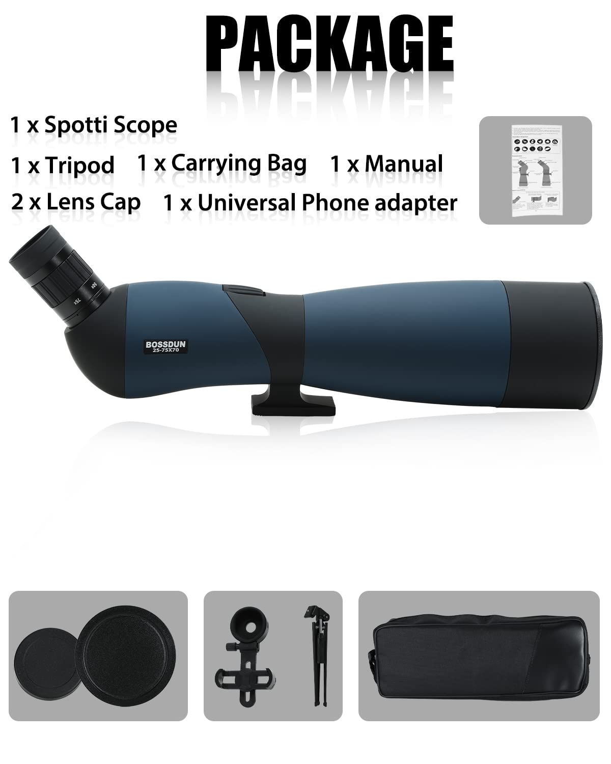 Spektiv 25-75x70 HD Bak4 Prism FMC 45-Grad Zoom Teleskop mit Stativ- und Smartphone-Adapter für Vogelbeobachtung Jagd (GREENA)