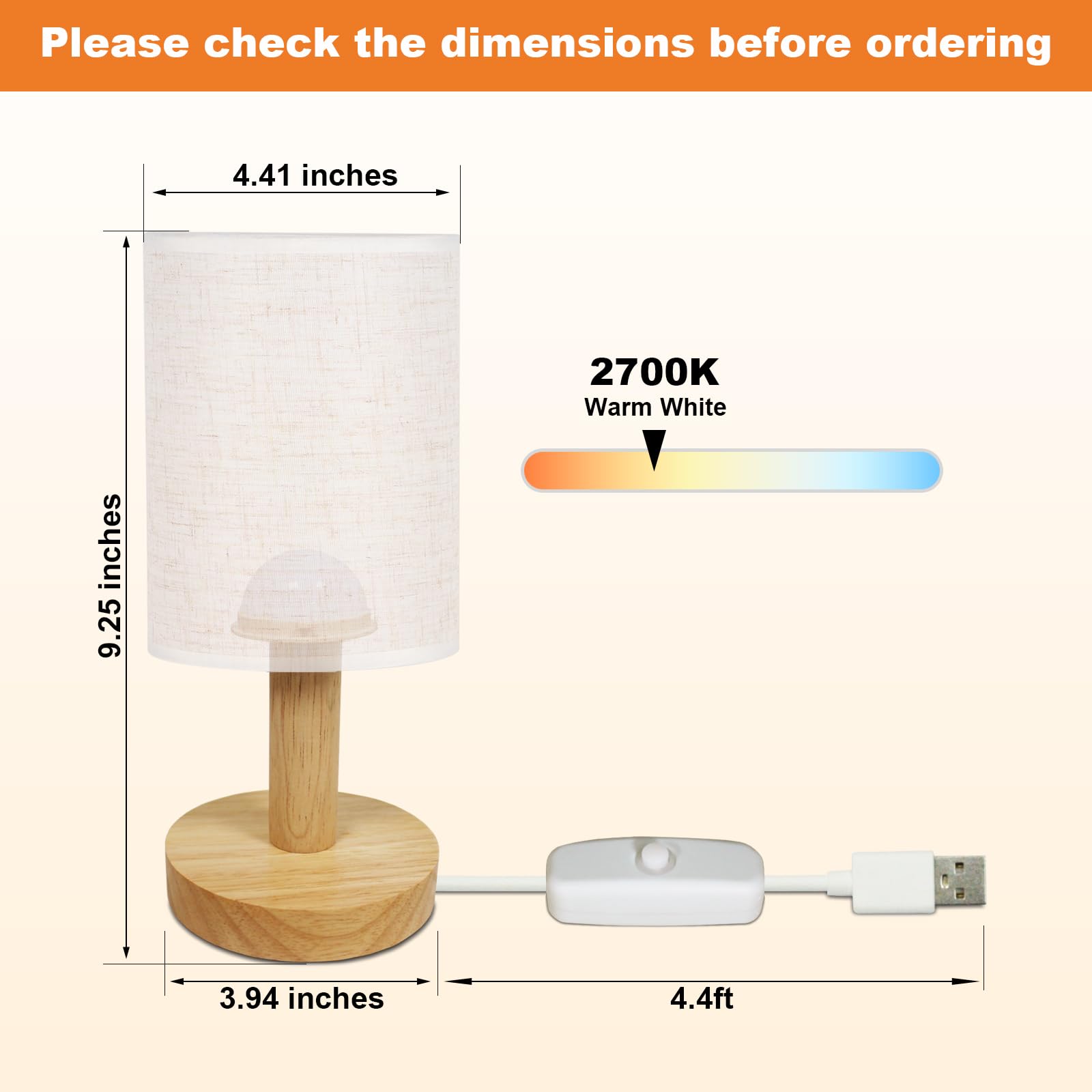 Piccola lampada da comodino con alimentazione USB, base in legno rustico minimalista e paralume in lino, luce notturna calda 2700 K, lampada da comodino bohémien, per camera da letto