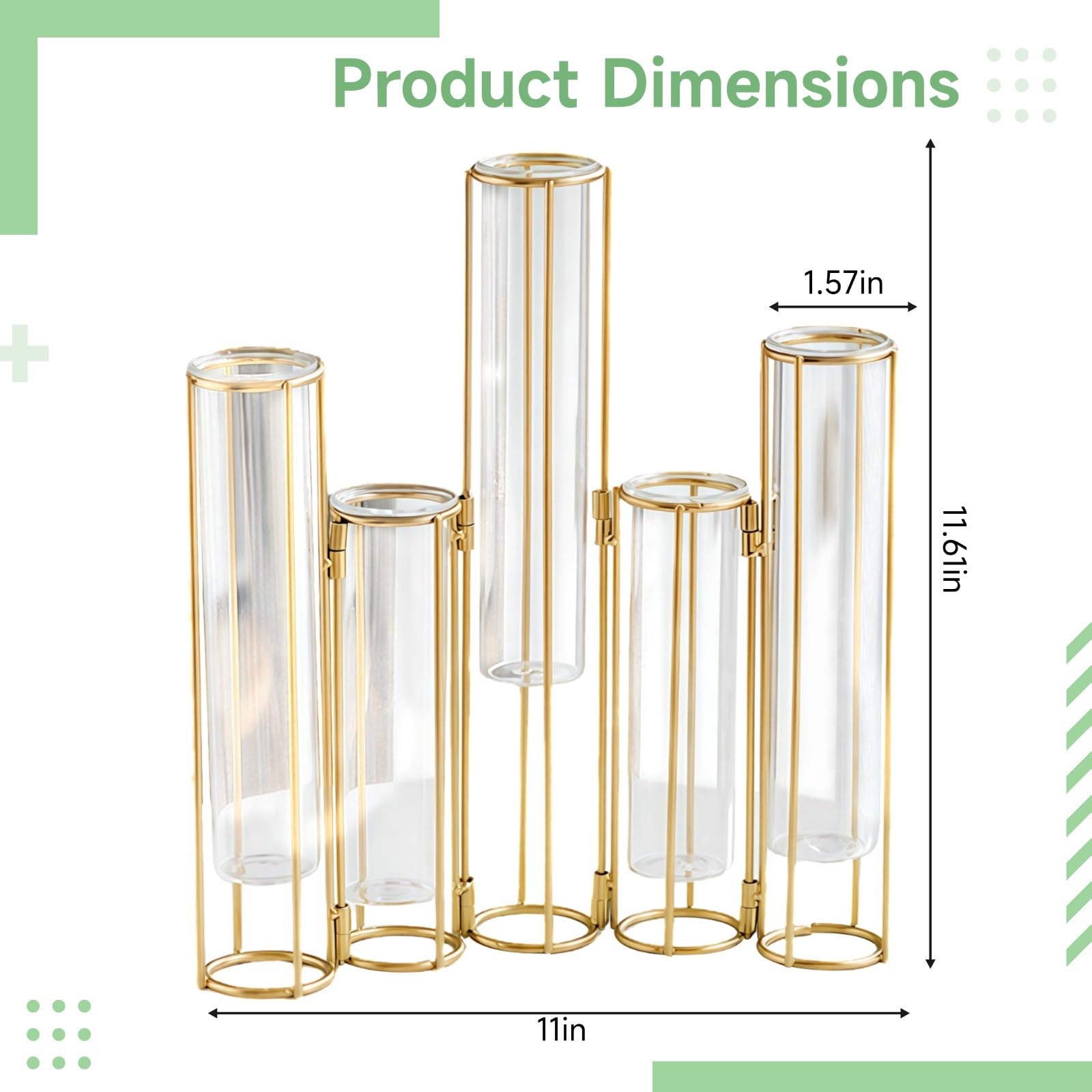 PONDON Vases de propagation suspendus en verre à 5 positions, vases tubes à essai en métal doré avec cadre en fer pliable, style européen pour la décoration de la maison et du balcon