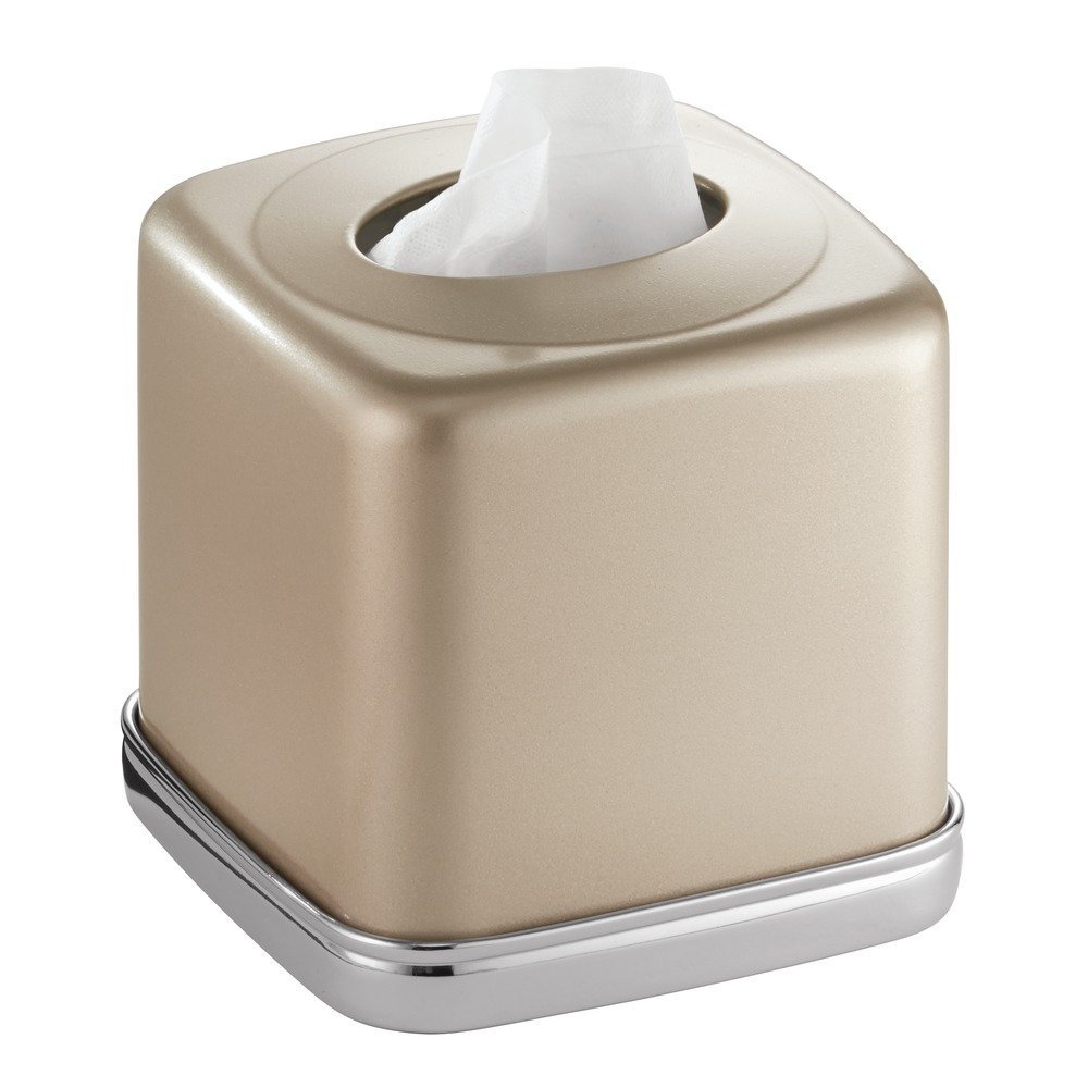iDesign York Metal Facial Tissue Box Cover, Boutique Container for Bathroom Vanity Countertops 5.75" x 5.75" x 5.75", Tan and Brushed Nickel