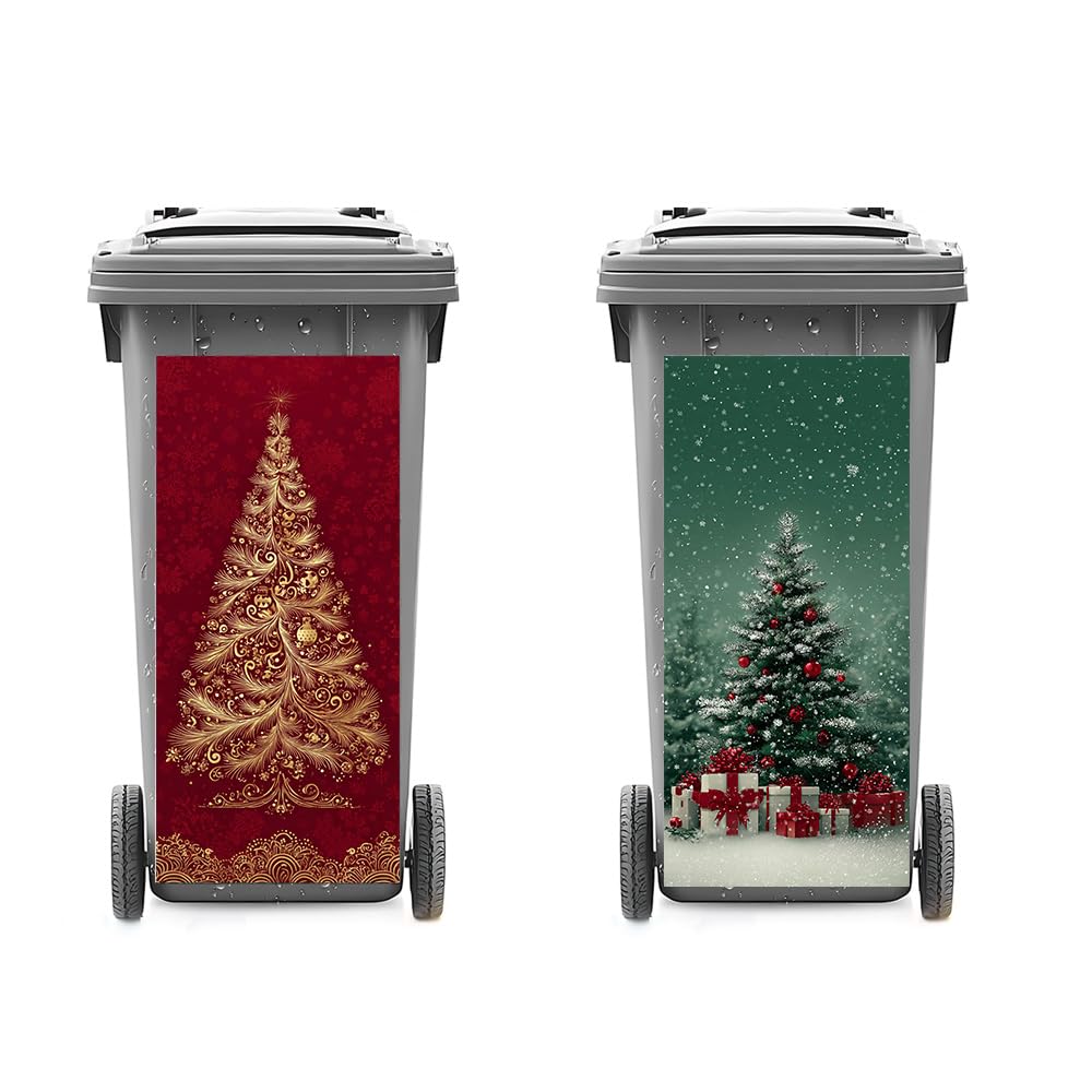 2 PC Trash Can Sticker 14.57 × 32.28 Inch Christmas Tree Gift Box Vinyl Sticker with Gold Ornament Snowflake and Red Background Pattern for Outdoor Garbage Bin Garden Yard Decor