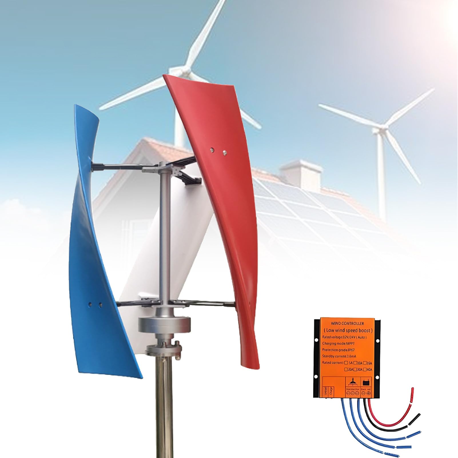 Ofyphth Wind Turbine Generator Kit, 12V 24V 48V Wind Turbine Vertical Wind Generator Kit, with MPPT Controller, Electricity Producer Equipment Home Power Energy Kit. B-24V