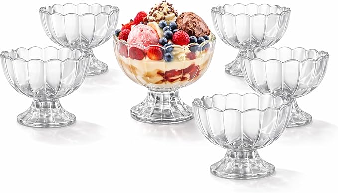 KMwares 5oz Glass Dessert Bowls Set of 6, Footed Tulip Ice Cream Cups, Small Vintage Glass Parfait Cups for Sundae, Fruit, Pudding, Snacks, Dessert Serving