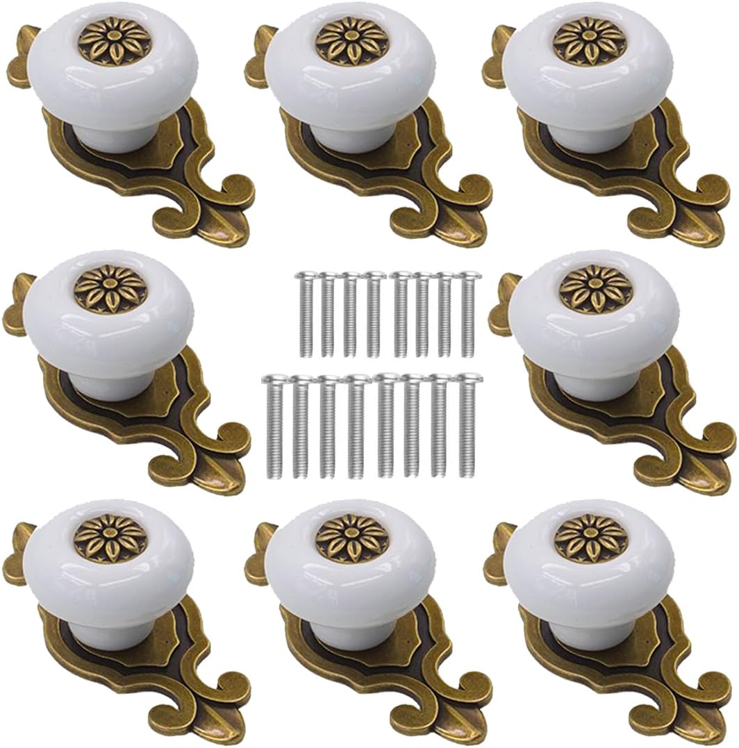 Retro Ceramic Cabinet Knobs, [8 Pack] Antique Vintage Dresser Knobs with Backplate, Drawer Pull Handles for Kitchen/Dresser Drawer/Cupboard/Wardrobe, White