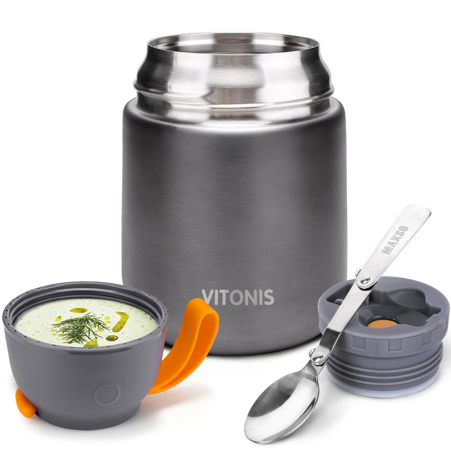 VITONIS Thermobehälter für Essen 500ml Edelstahl Isolierbehälter Gefäß für warme Speißen, Essen, Suppe, Isolierbehälter mit Löffel Thermo Gefäß, Grau