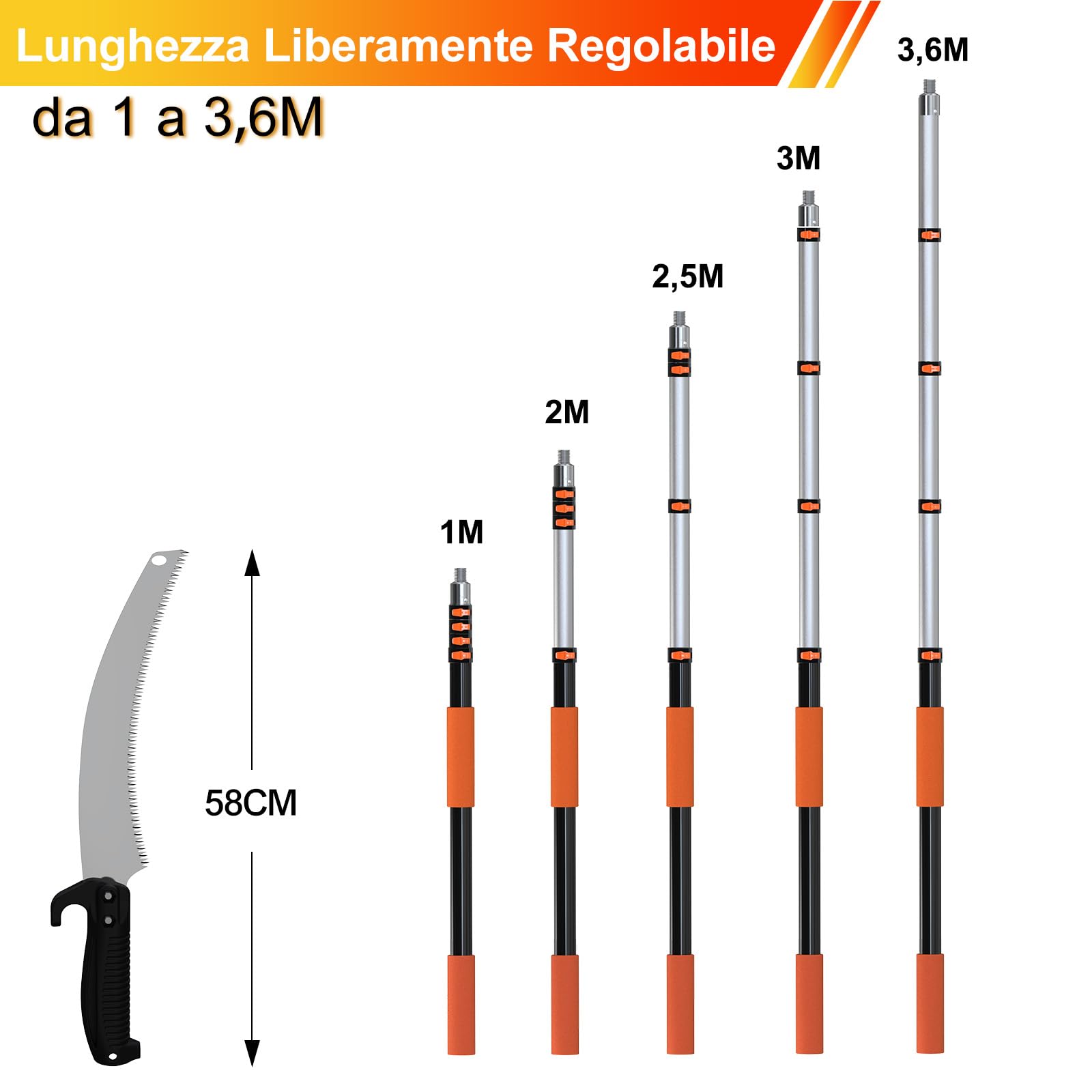 LAANPOLE Sega su Asta 3,6m, Potatore su Asta Telescopica con Asta di Estensione 1-3,6m, Potatore Manuale per Giardino, Arancione