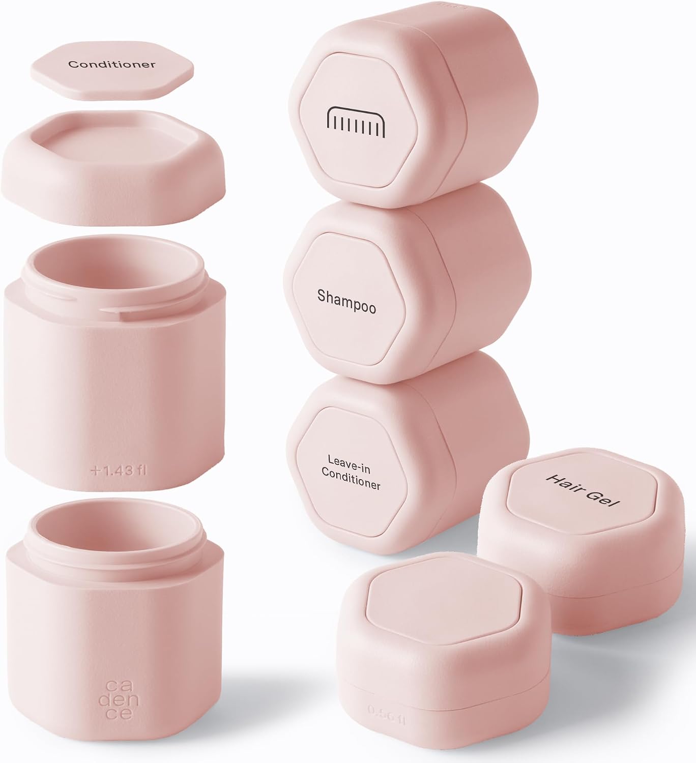 Cadence Travel Containers - 6 Piece Haircare Set - Magnetic Travel Capsules - 2 Small & 4 Medium Capsules - Shampoo, Conditioner, Leave-In Conditioner, Comb, Hair Serum, Hair Gel Labels - Petal