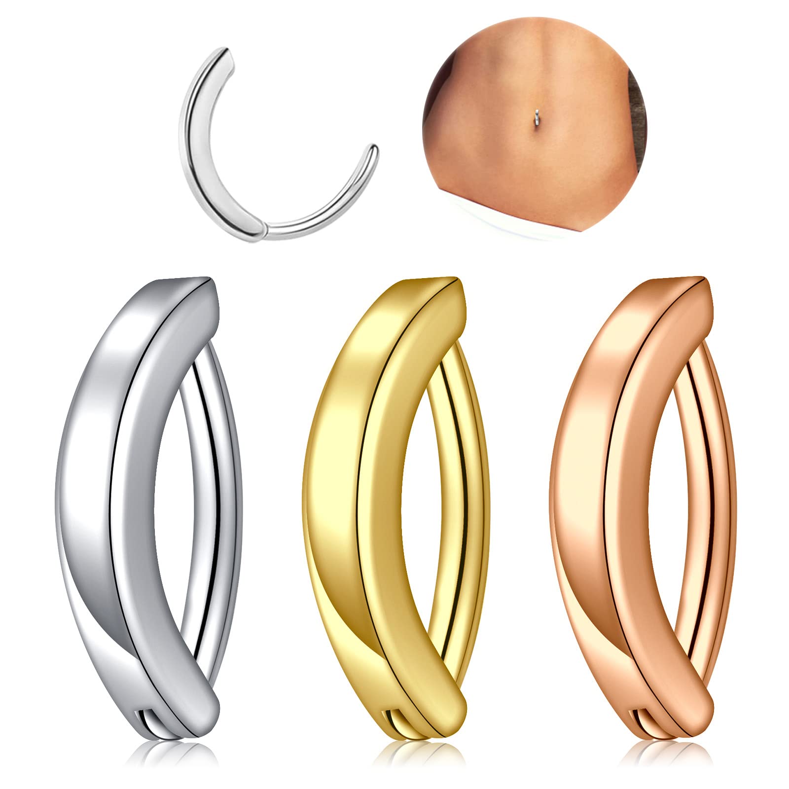 14G Clicker Belly Button Ring Surgical Stainless Steel Hoop Subtle Belly Button Rings For Women Reverse Curved Navel Barbell Piercing
