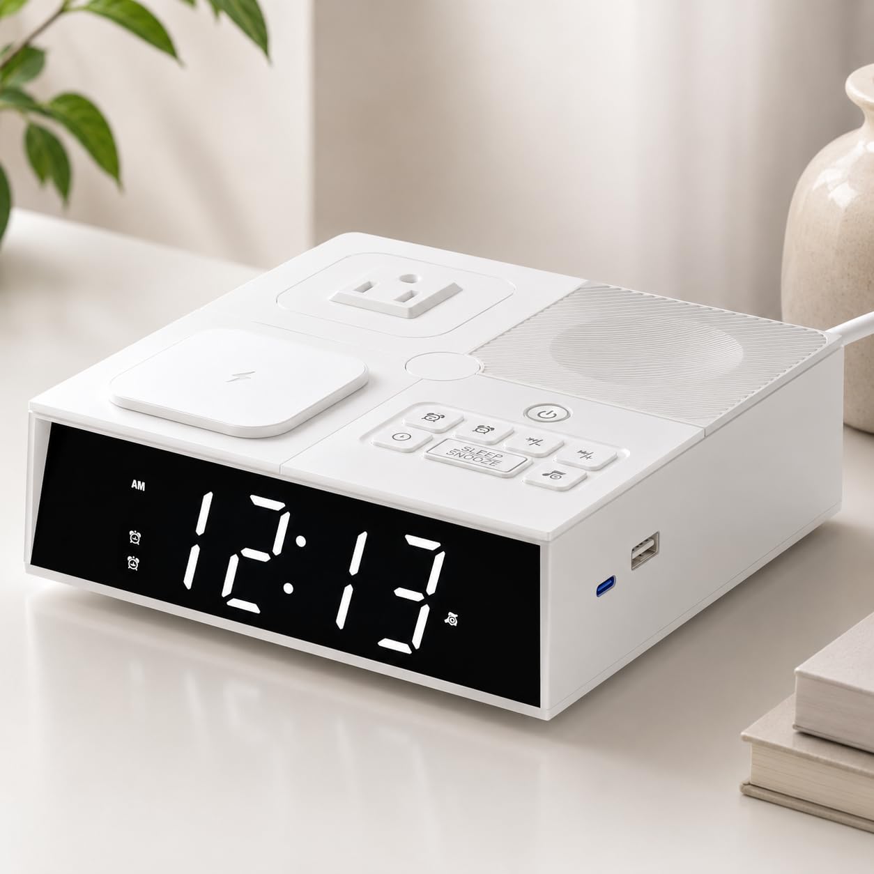 Sveglia con caricatore USB e prese AC, orologio digitale per chi dorme pesante, adulti, bambini e ragazzi, stazione di ricarica da comodino (luce notturna e musica per dormire)