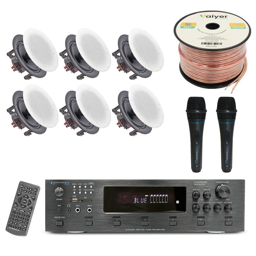 Home Audio System Kit - 6 Channel 6000 Watts Bluetooth Amplifier w/ 6 Qty of 6.5" Frameless in-Wall in-Ceiling Speakers 200W Each, 2 Qty of Wired Mic, 250 ft Speaker Wire &amp; Remote by Technical Pro