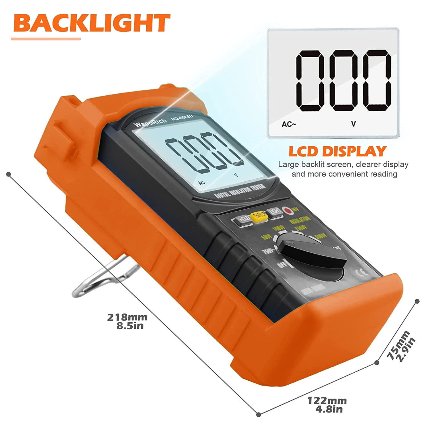 Testeur numérique de résistance d'isolement, WapoRich 200G Ohm MegOhmmeter Mesureur de résistance d'isolement Voltmètre DC AC Multimètre avec 1999 compte, 500V/1kV/2,5kV/5kV tension de test