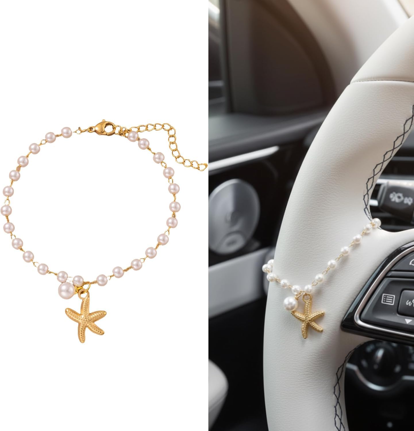 Starfish Pearl Pendant Steering Wheel Charm Accessory, Gold Ocean Sea Car Rear View Mirror Hanging Decor, Boho Bead Adjustable Nautical Aesthetic Car Jewelry Gifts